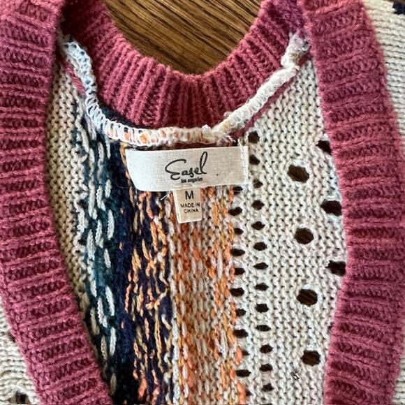 Easel Poncho Sweater Womens M Oversized Colorful Fringe Boho Southwestern - Picture 3 of 8